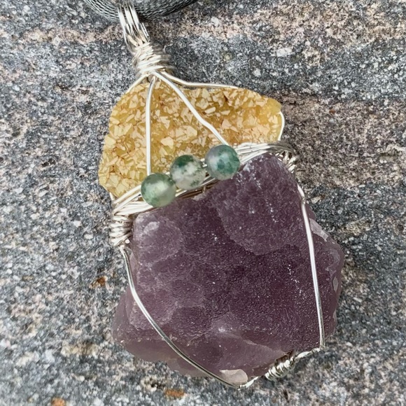 Gold Barite, Fluorite Drusy & Moss Agate Necklace - Picture 2 of 16